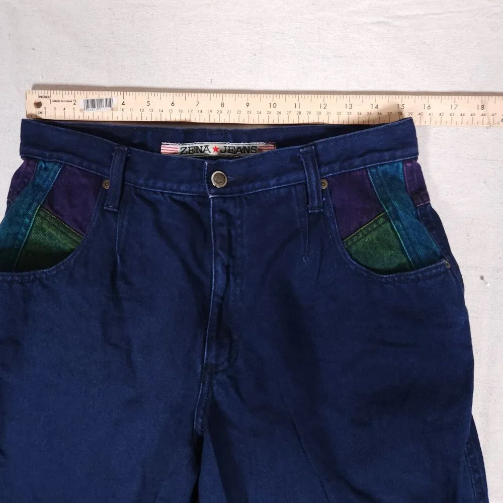 Zena Blue Jeans Colorblock Womens 13 Blue Purple Green Retro 80s 90s FLAW - Picture 5 of 14